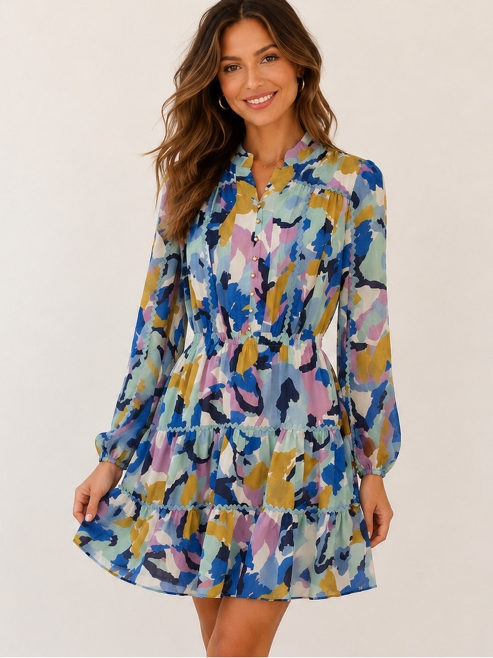 Pearl + Sea an Australian Boutique Multi Colored Abstract Tiered Mini Dress